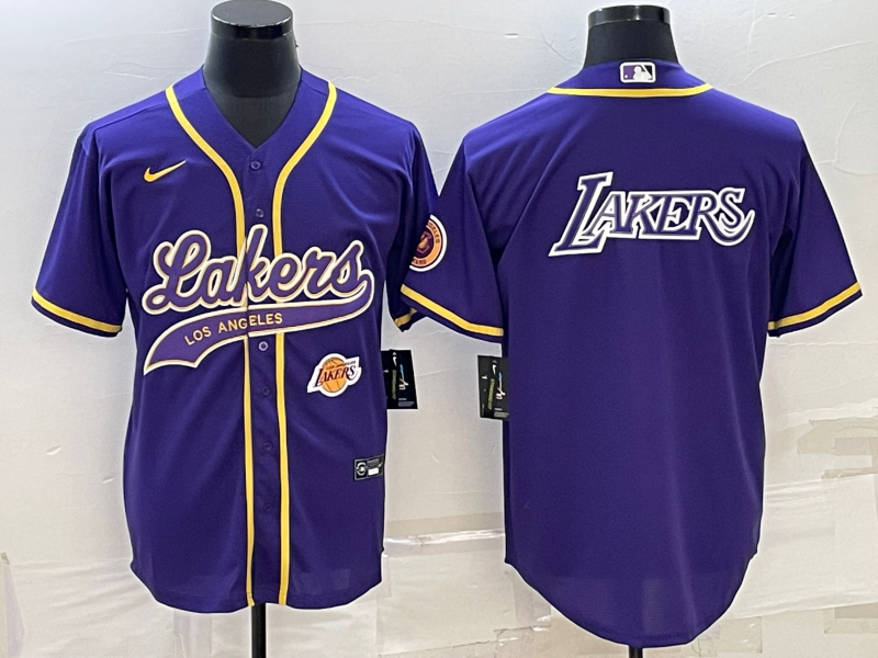 Men's Los Angeles Lakers Purple Big Logo With Patch Cool Base Stitched Baseball Jersey Men's Los Angeles Lakers Purple Big Logo With Patch Cool Base Stitched Baseball Jersey